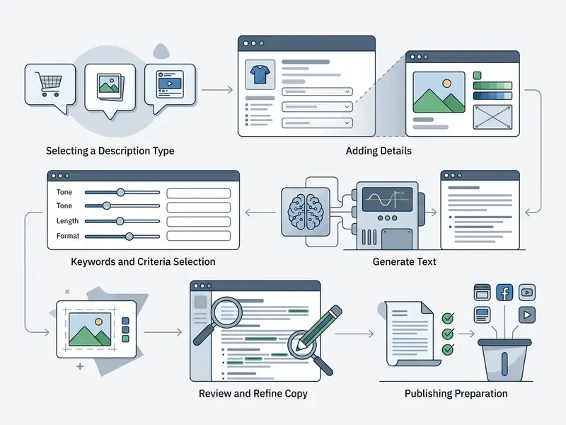Sequence of icons illustrating content creation from selecting types and details to review and publication