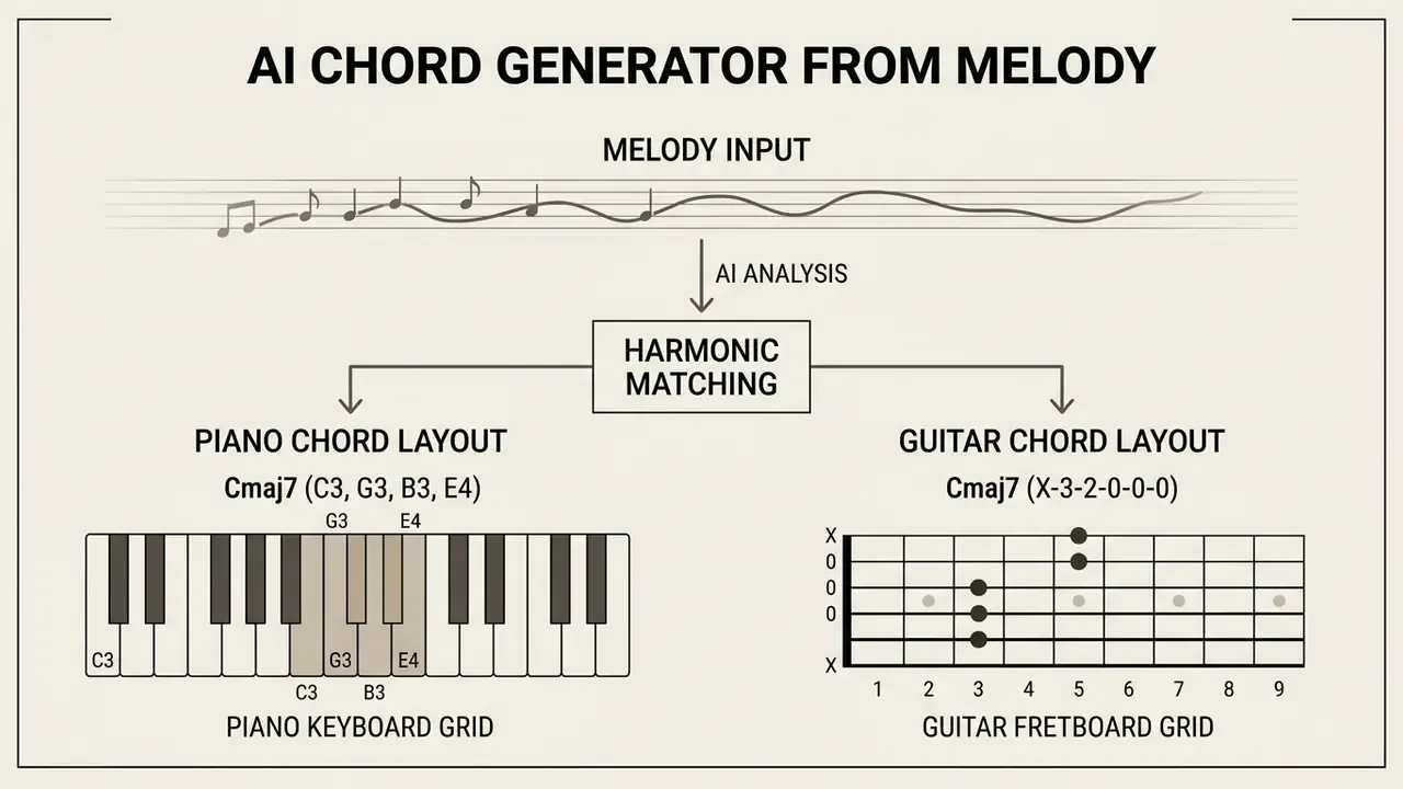 Musical melody analyzed by AI to generate Cmaj7 chord fingerings for piano and guitar fretboard grids