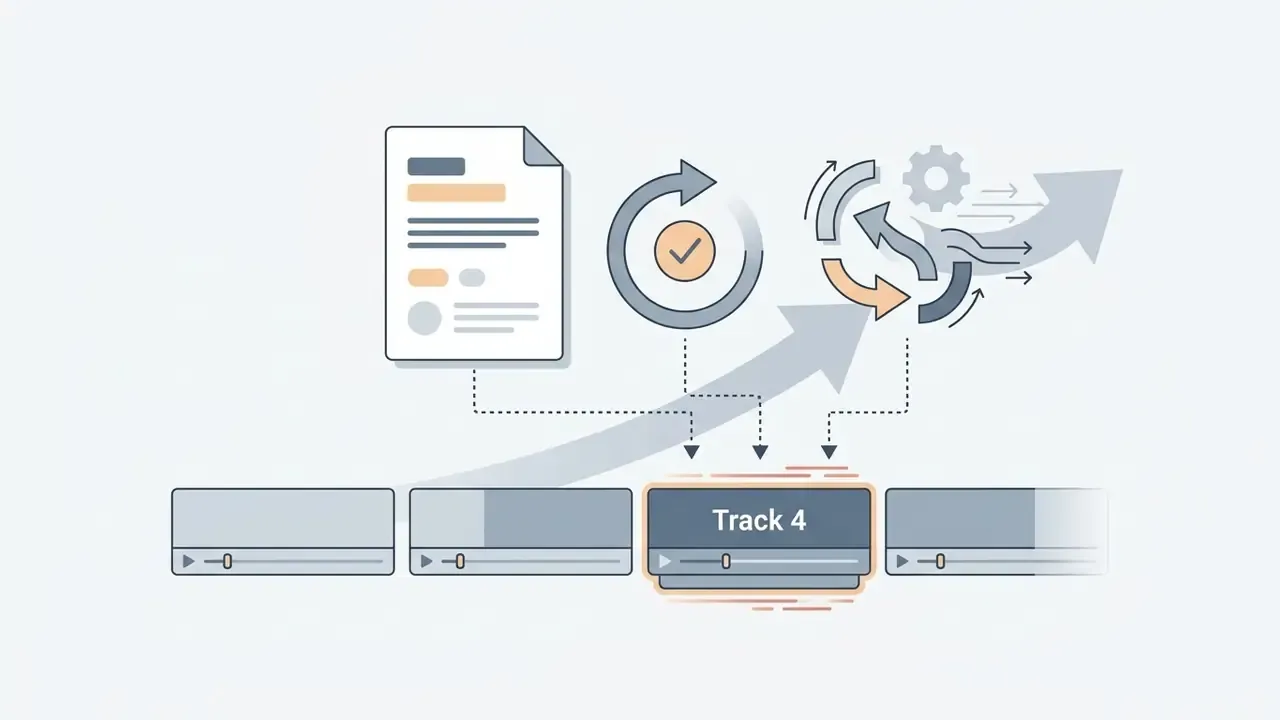 Document and process icons connected to a highlighted timeline track for video editing