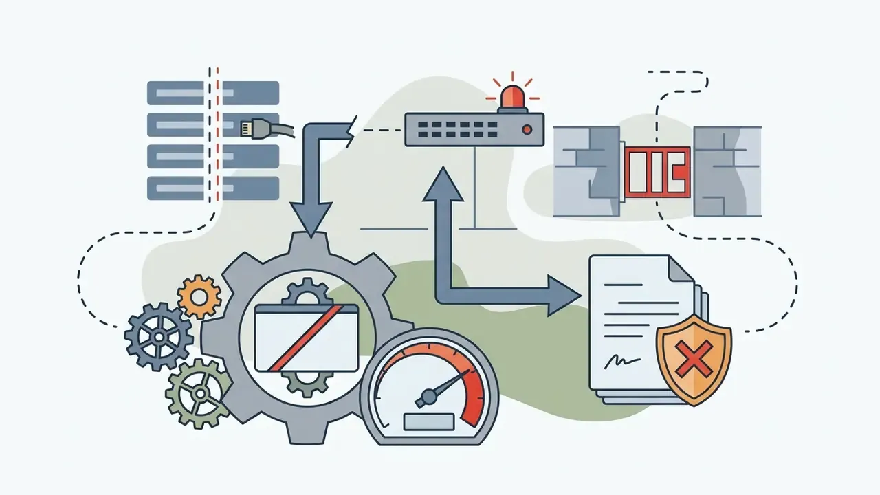 Network hardware and gears connected to a blocked document and a shield with an X symbol