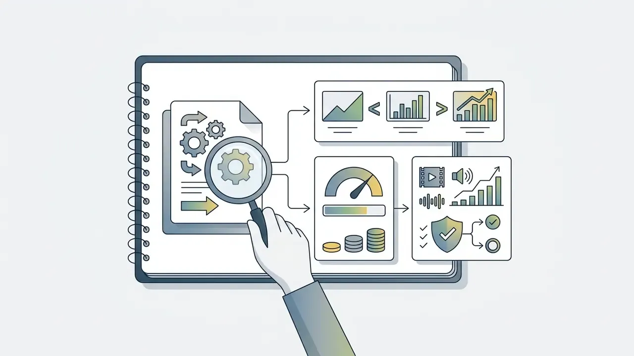 Hand holding a magnifying glass over a document with gears, connected to performance and media icons