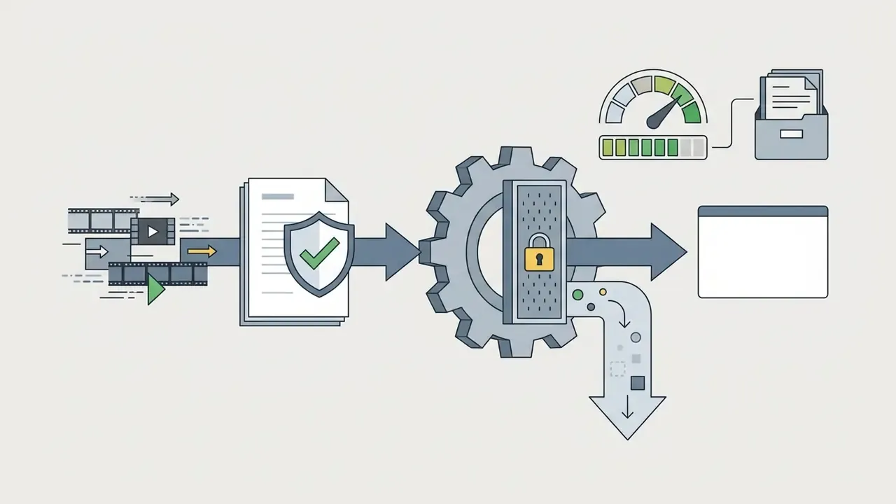 Process flow showing media assets passing through a security shield and locked gear to a final output