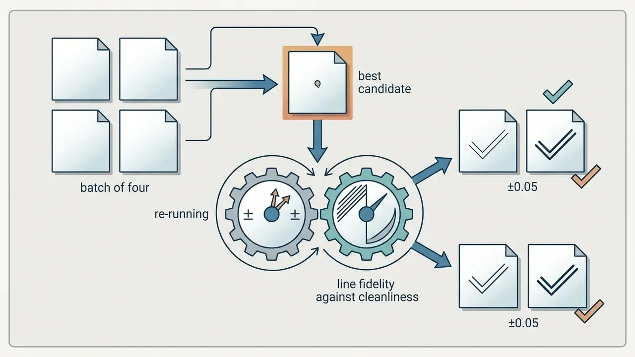 Iterative process for an AI logo generator showing batch selection and refinement via gear mechanisms
