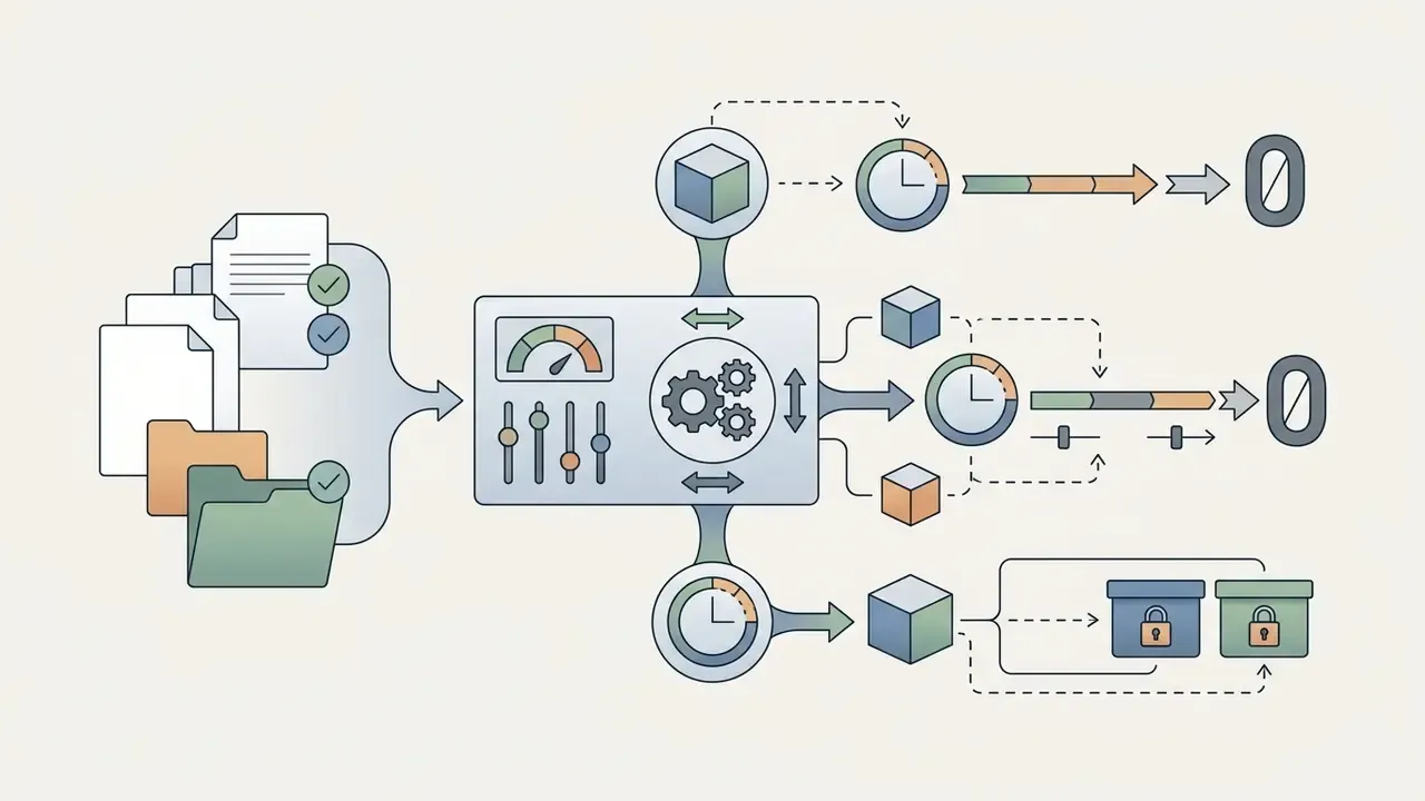 Documents and folders feeding into a central gear hub that outputs to time-based deletion or secure storage