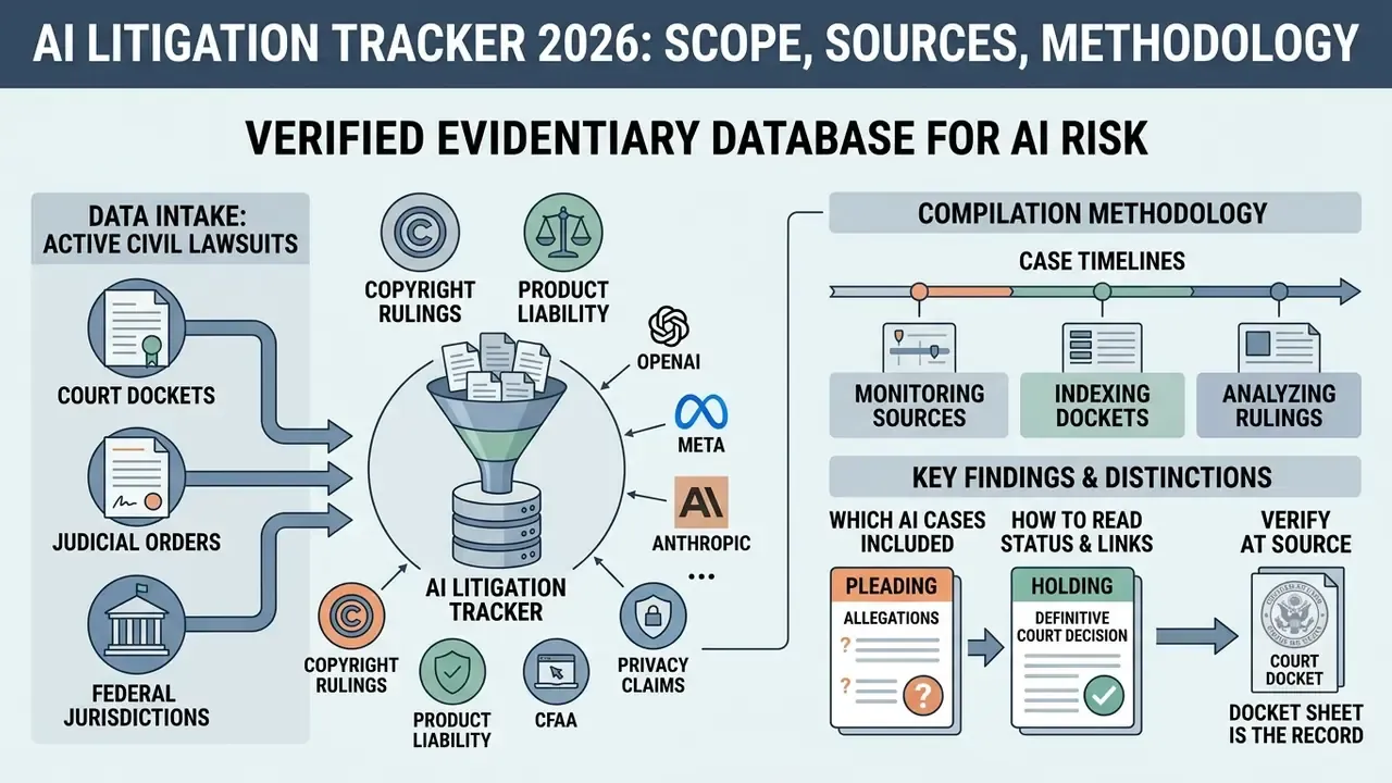 Flowchart illustrating the data intake and compilation methodology for an AI Litigation Tracker database