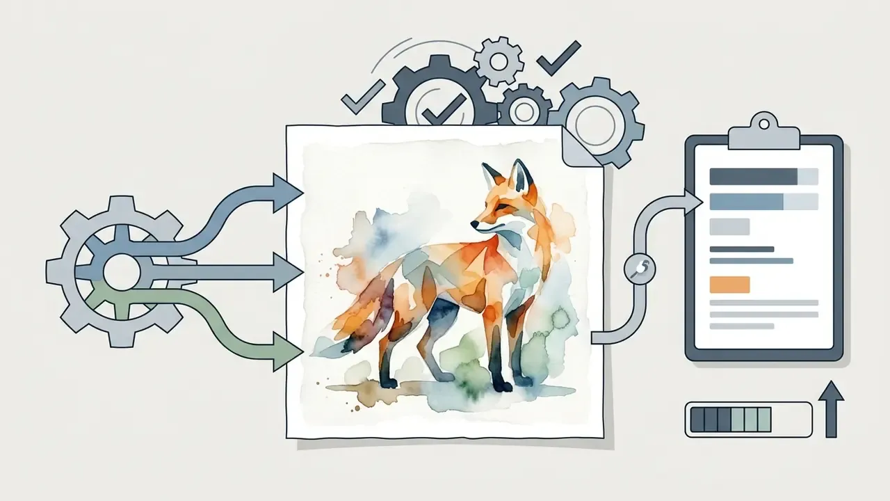 Watercolor fox painting centered between a gear mechanism and a clipboard with progress bars
