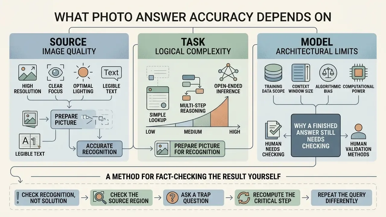 Infographic breaking down image quality, task complexity, and model limits for AI answer accuracy