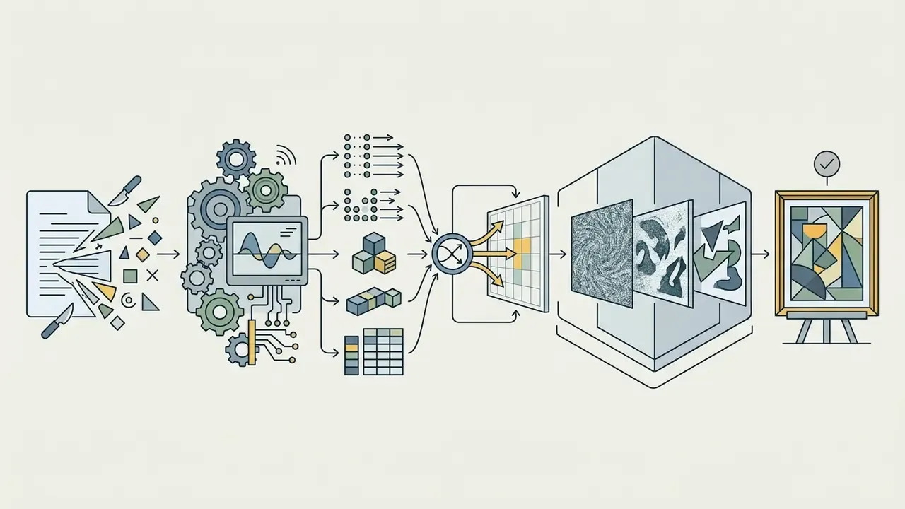 Linear sequence showing text being processed through gears and data structures into a final framed painting