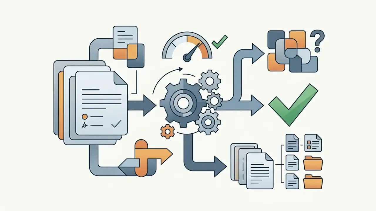 Flowchart showing documents passing through a gear system to determine compatibility and file organization