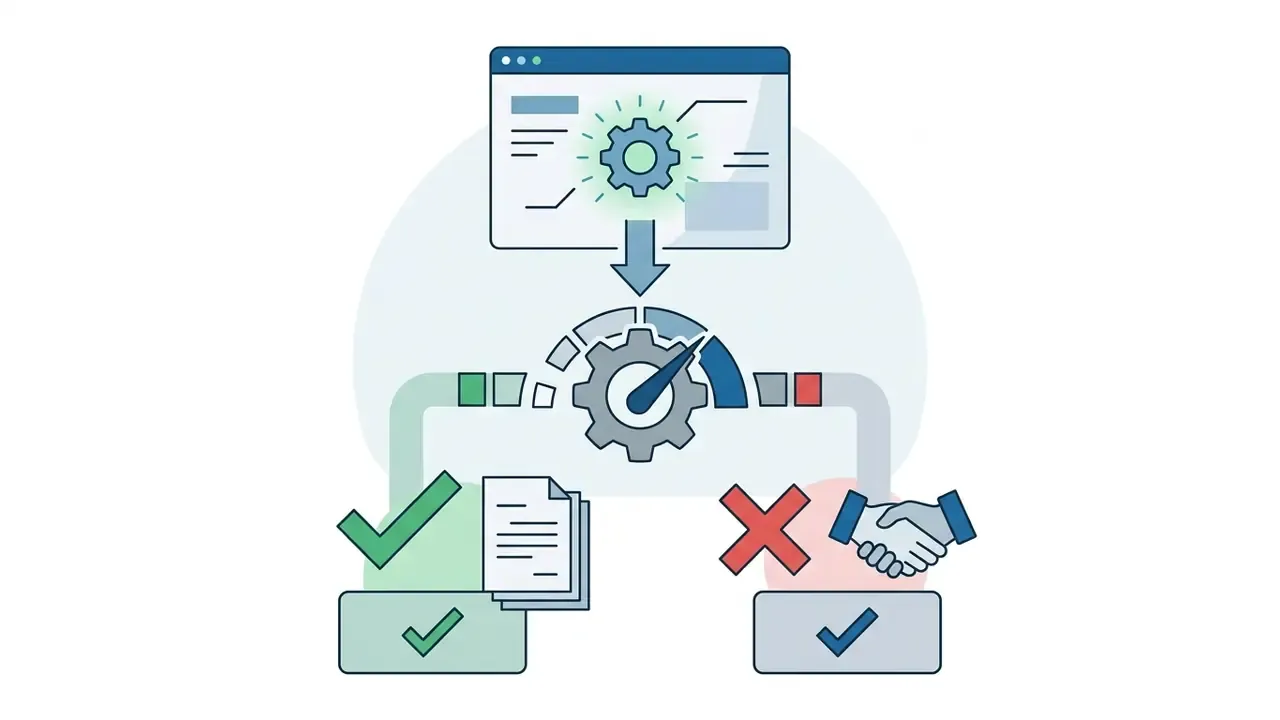 Digital process diagram showing a central gear mechanism splitting into document approval or handshake paths
