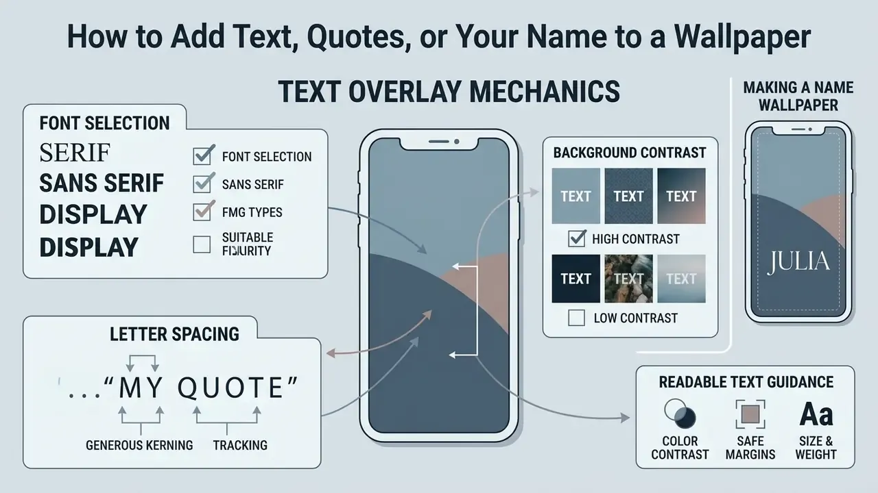 Diagram showing font selection, letter spacing, and contrast techniques for adding text to a wallpaper