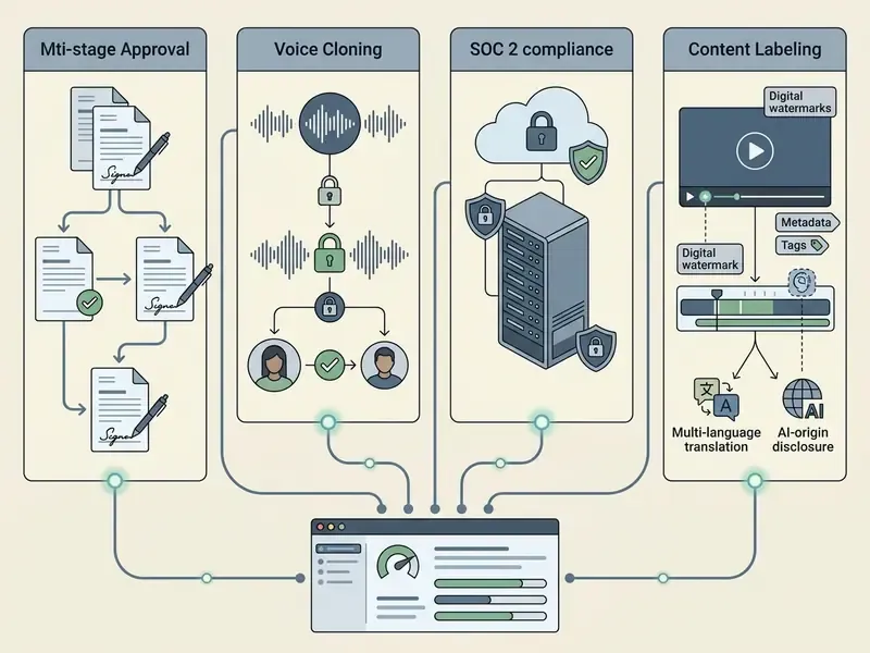 Four-column audit framework showing approval, voice security, SOC 2 compliance, and content labeling steps