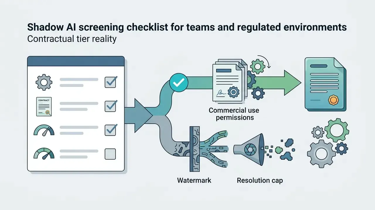 Checklist branching into commercial rights approval or filtering for watermarks and resolution caps