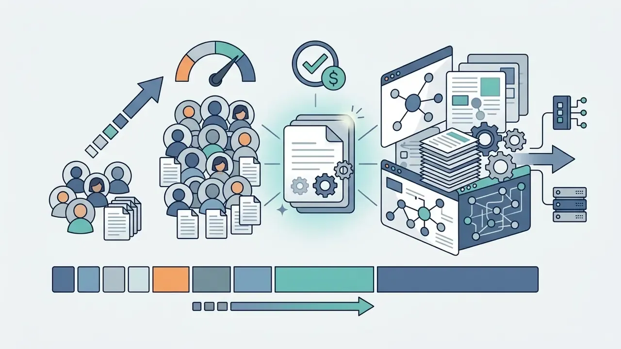 Groups of people and documents feeding into a gear-driven system that outputs structured data and reports