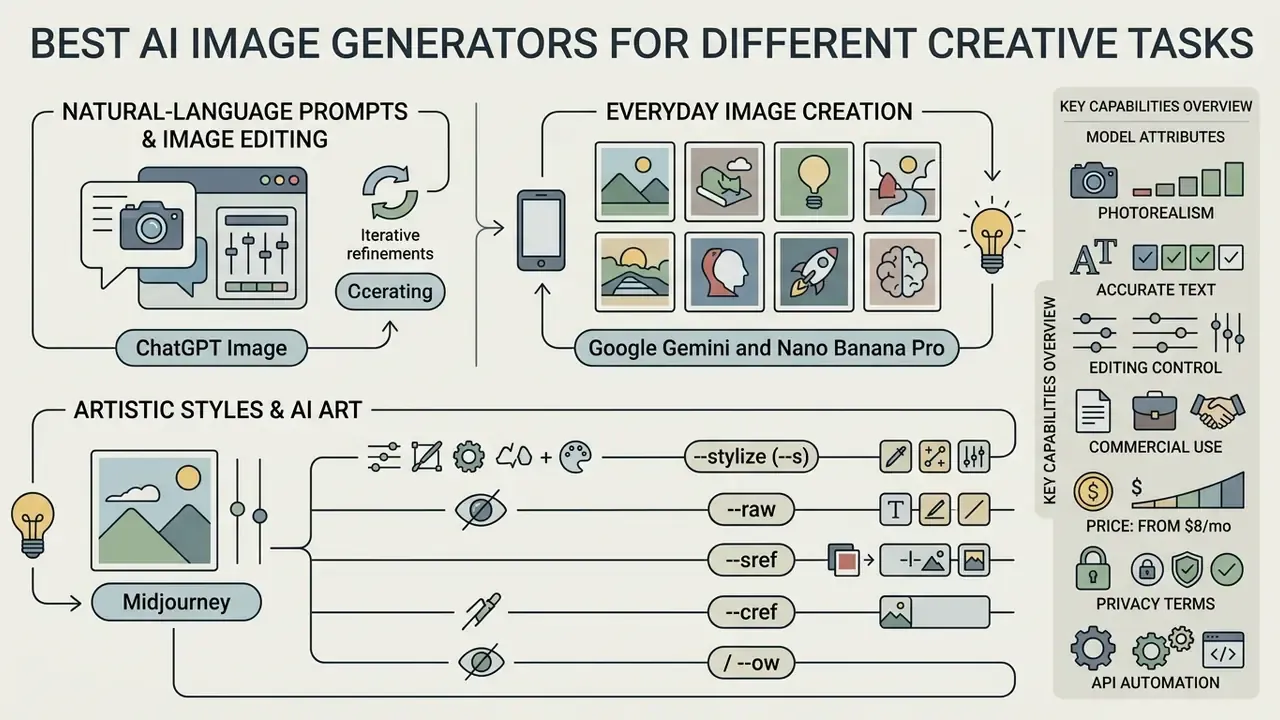Comparison of AI image generators showing specific tools for natural language, everyday tasks, and art