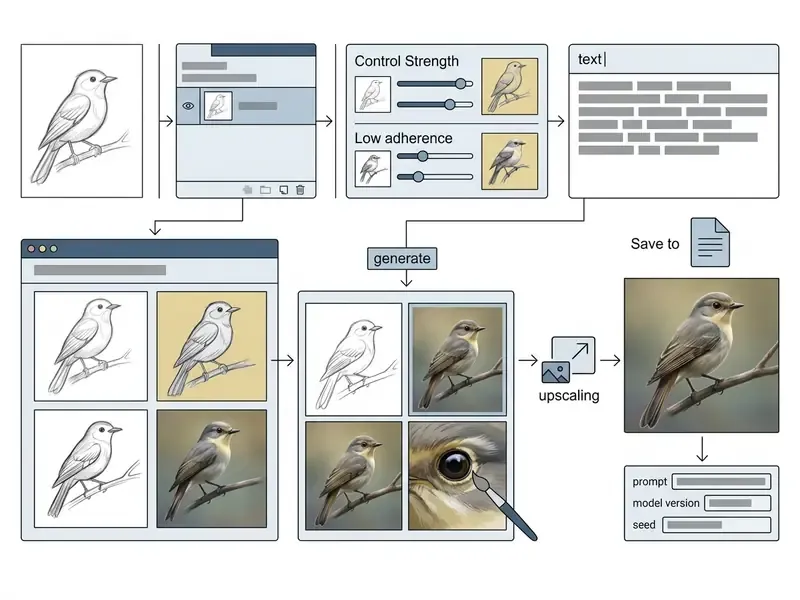 Workflow diagram showing the steps to transform a bird sketch into a realistic image using AI tools
