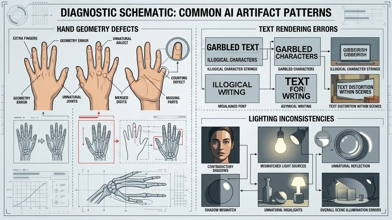 Technical breakdown of common AI image errors including hand geometry, garbled text, and lighting flaws