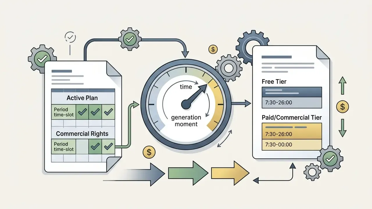 Clock gauge measuring generation moment between active plan status and tiered subscription schedules