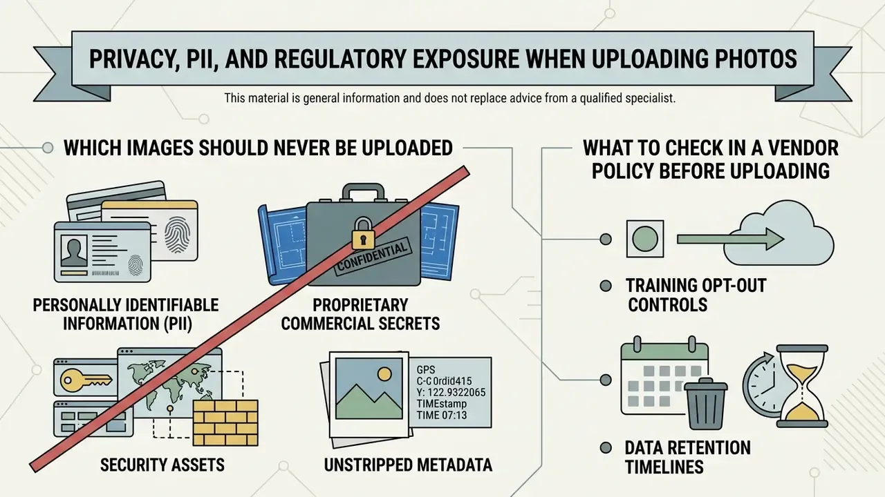 Infographic detailing risks of uploading sensitive images and key vendor policy considerations