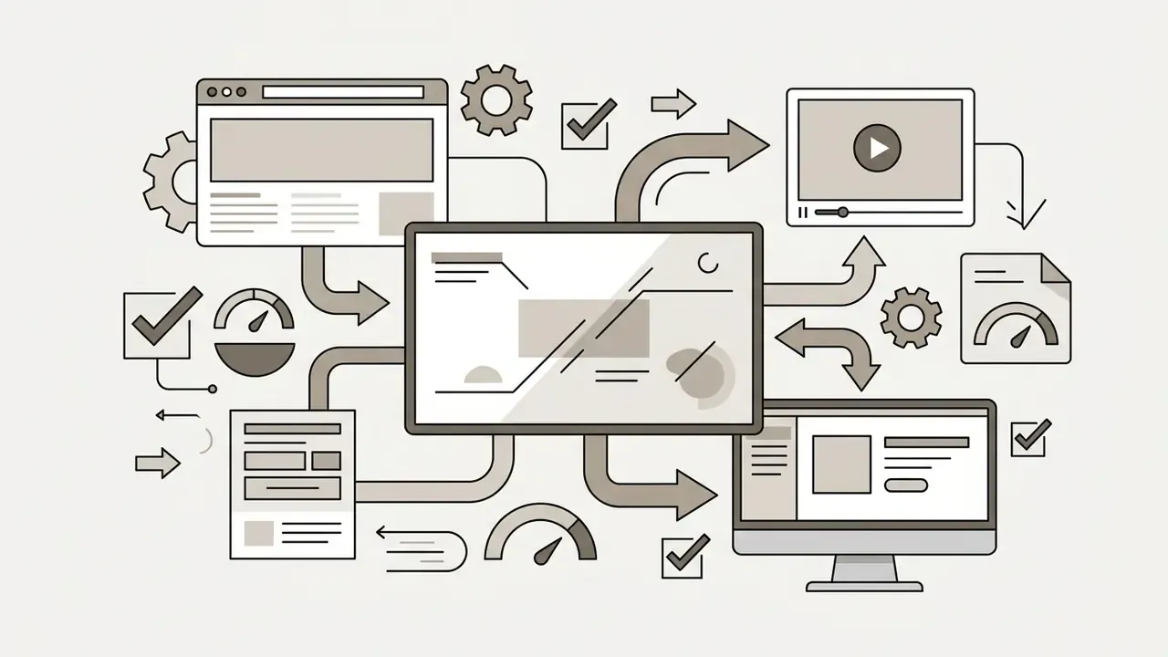 Central screen connected by arrows to web browsers, video players, and performance monitoring icons