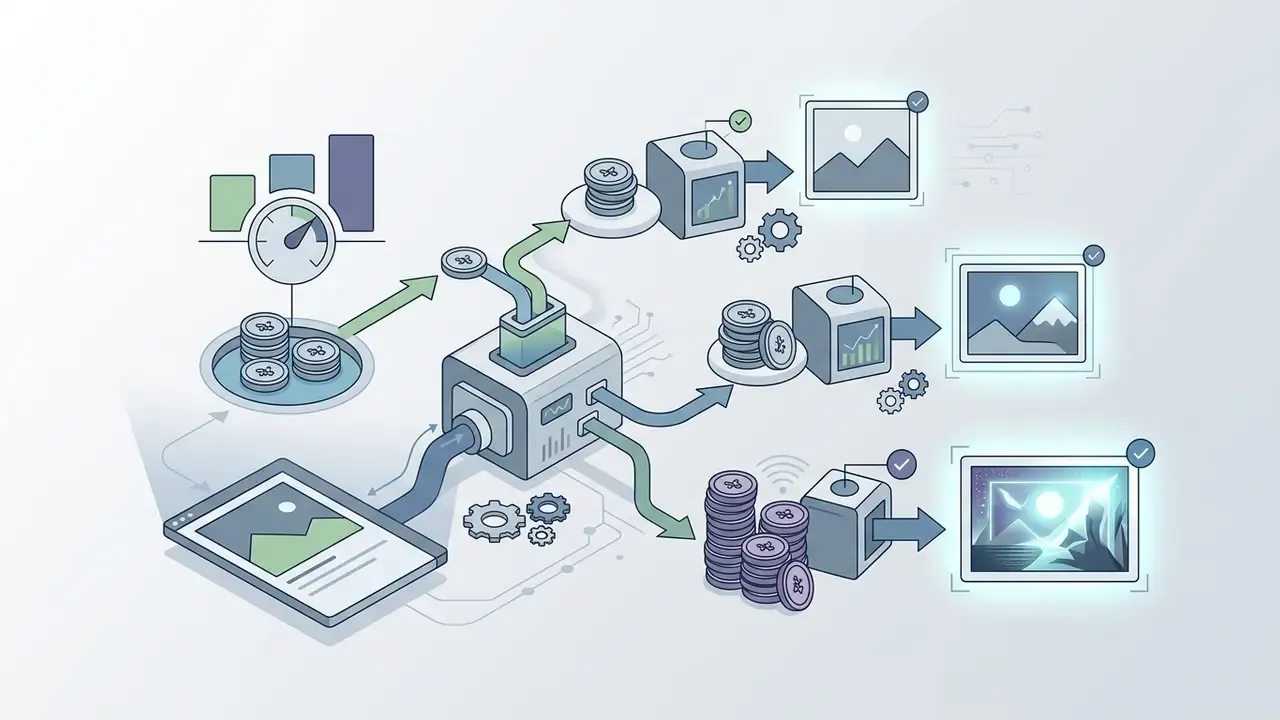 Digital assets and credit stacks flowing through a processor to generate various Kling AI video outputs