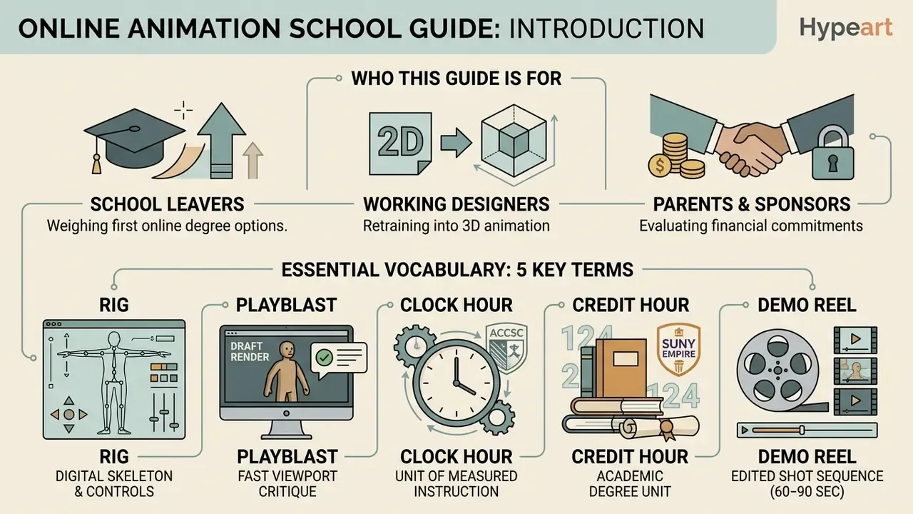 Infographic outlining target audiences for an online animation school and defining five key industry terms