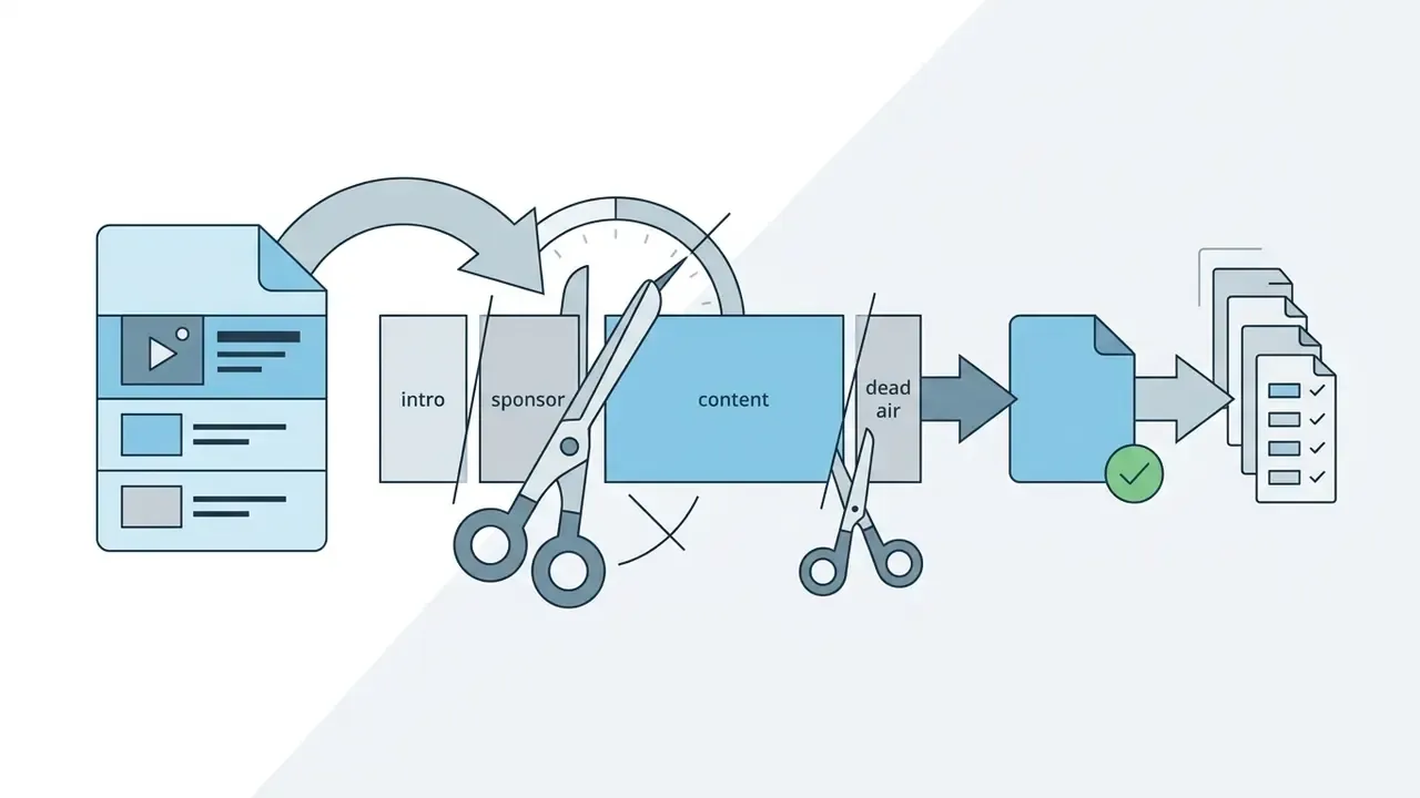Scissors cutting unwanted segments from a video timeline to produce a refined final file