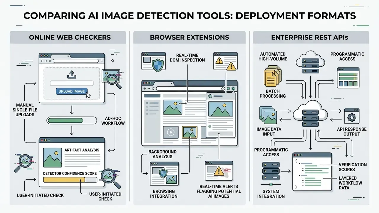 Three panels showing manual web uploads, browser extension monitoring, and enterprise REST API workflows