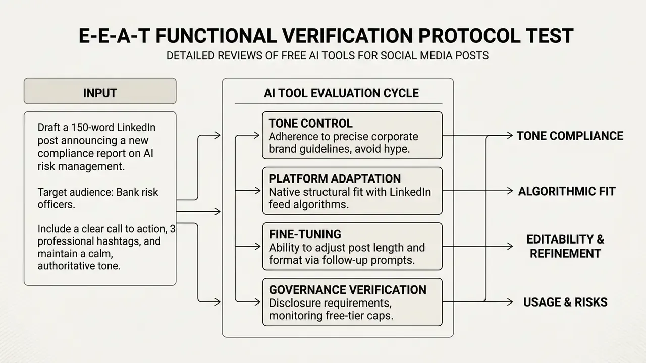 Process diagram showing an AI evaluation cycle for corporate LinkedIn post generation and compliance