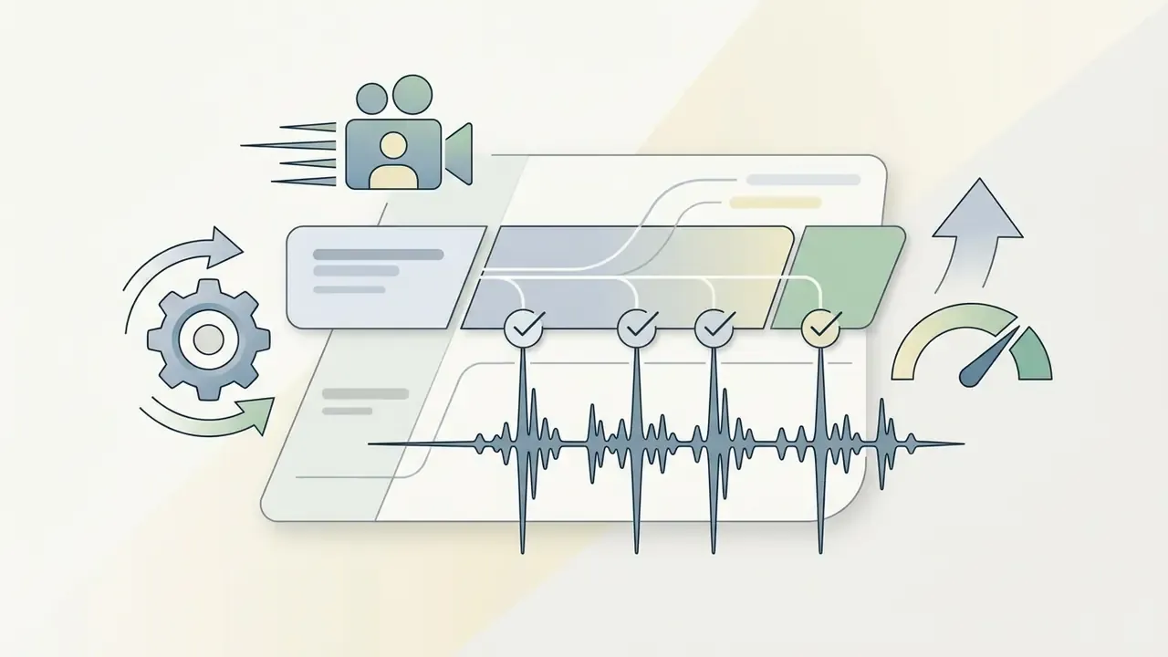 Video camera icon and speed gauge linked to an audio waveform with rhythmic alignment checkmarks