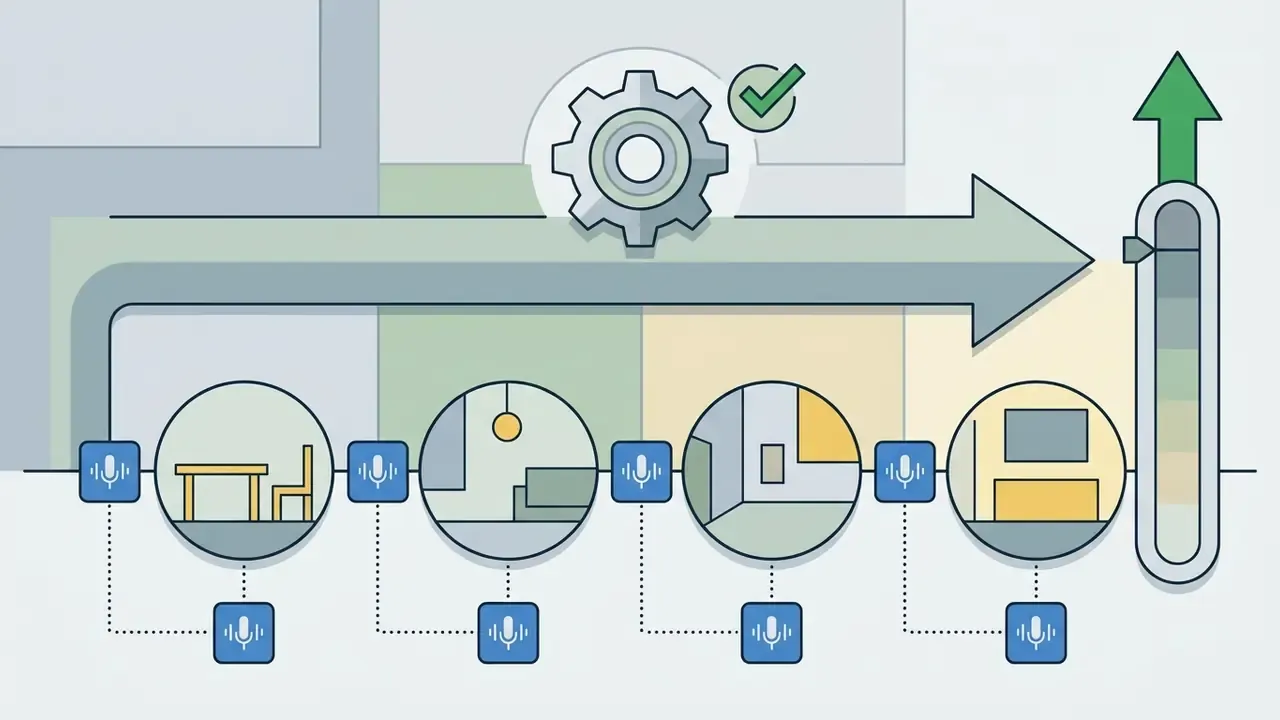 Series of room scenes connected by microphone icons to maintain consistent ambient audio across shots