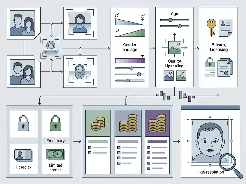 Flowchart comparing child face generation features, pricing models, and licensing options for software