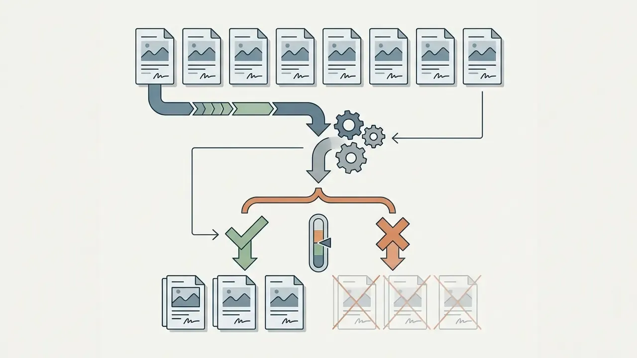 Eight document icons feeding into a gear mechanism that filters results into approved or rejected piles
