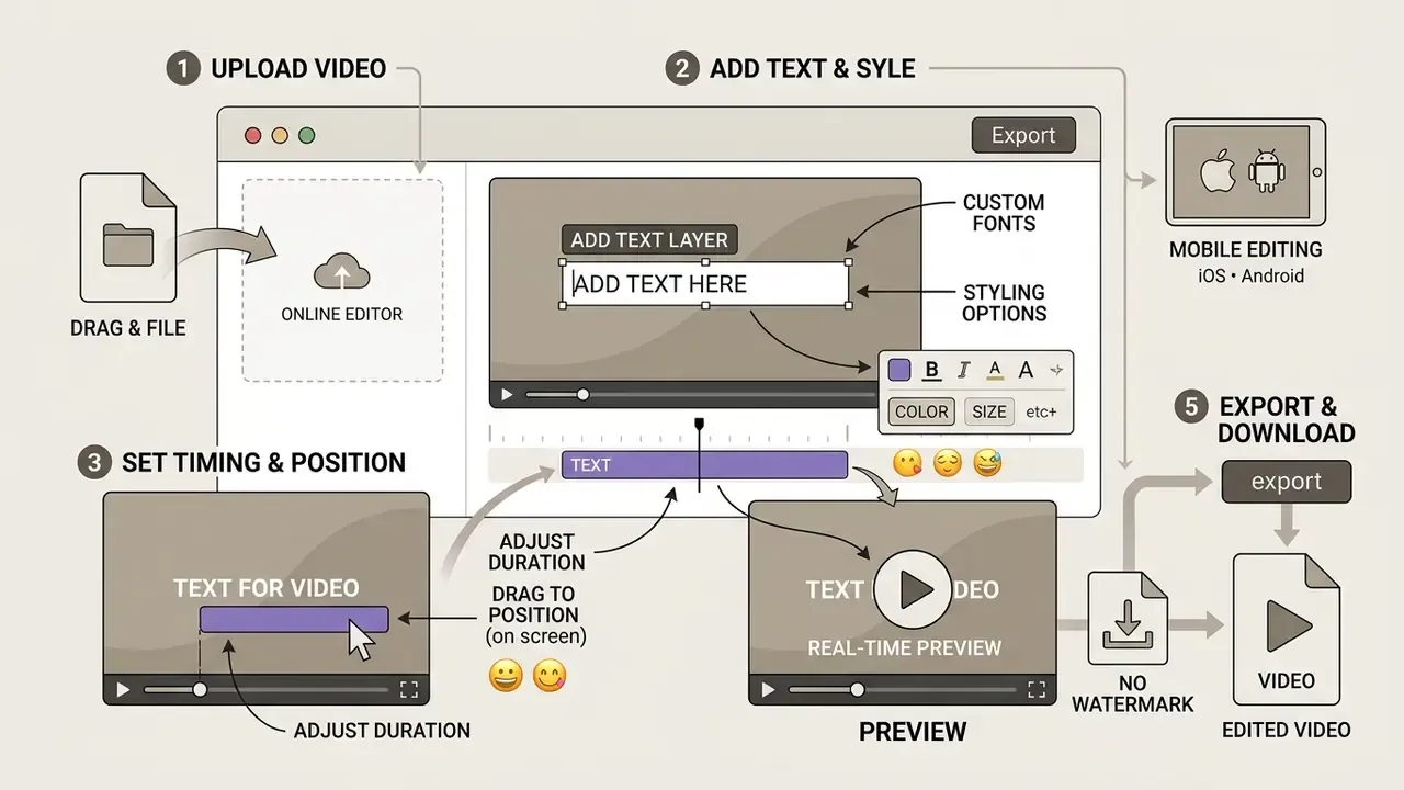 Infographic steps to add text to a video online including uploading, styling, and exporting the file