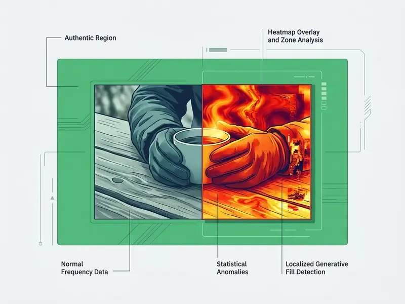 UI overlay showing a split image with green authentic regions and red heatmaps for generative fill zones