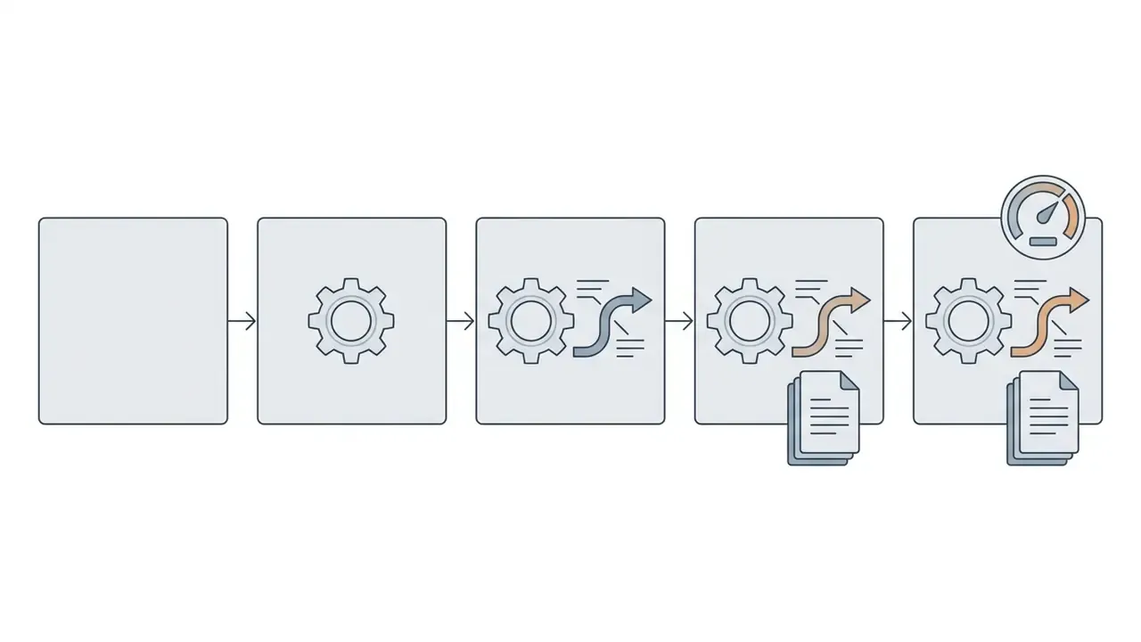 Sequence of five boxes showing the progressive addition of gear, arrow, document, and gauge icons