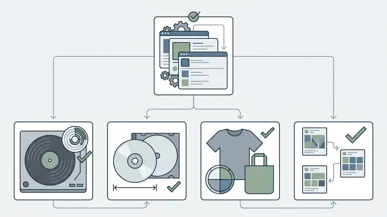Centralized design hub branching into specific output formats for vinyl, CDs, merchandise, and social media