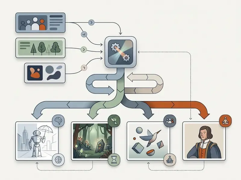 Flowchart showing input categories feeding into a central processor that generates diverse art concepts