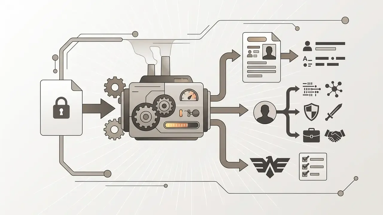 Locked document feeding into a mechanical processor that outputs character profiles and identity data