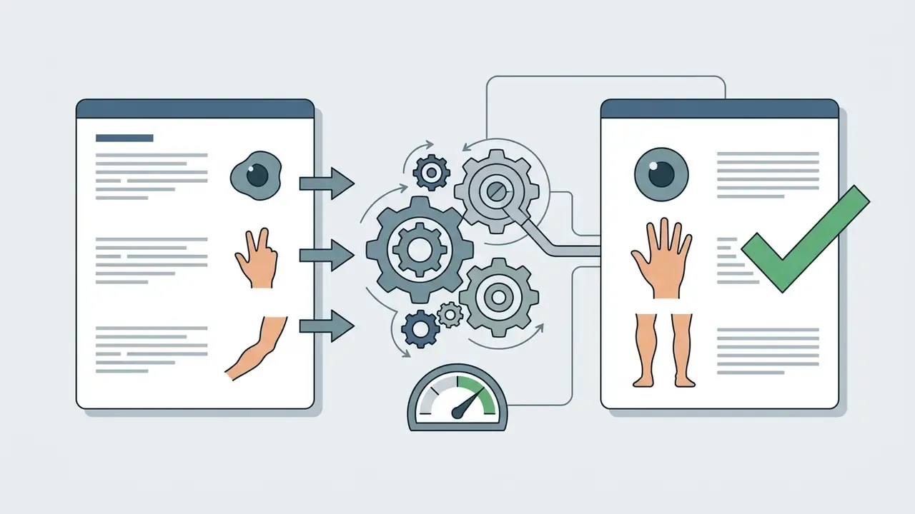Distorted anatomical icons feeding into a gear mechanism that outputs corrected human body parts