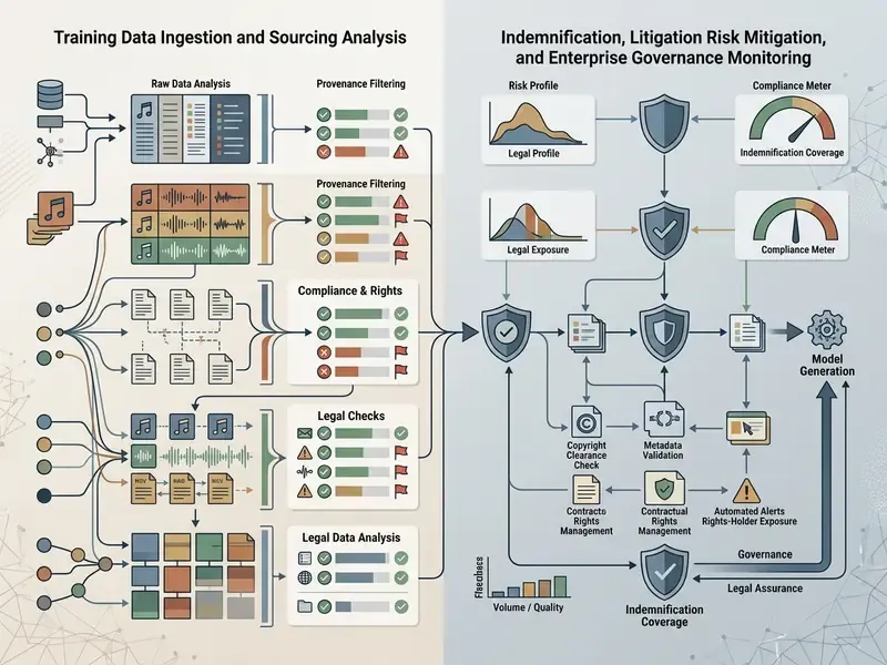 Flowchart mapping training data ingestion to legal risk mitigation and enterprise governance monitoring