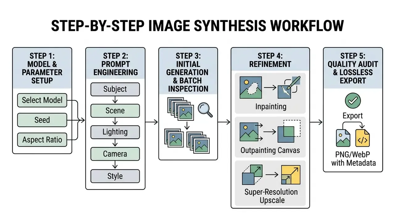 Linear flowchart detailing five stages of image synthesis from initial parameter setup to final export