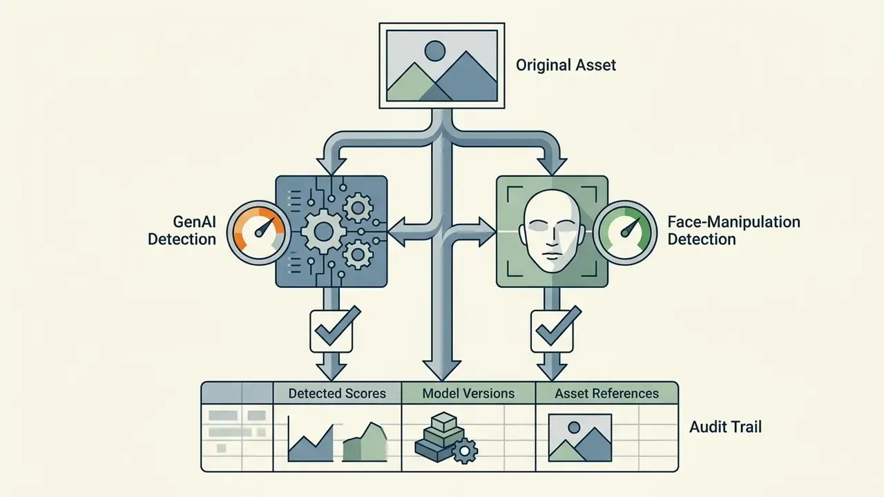 Original asset splitting into dual detection models feeding into an audit trail table with scores and versions