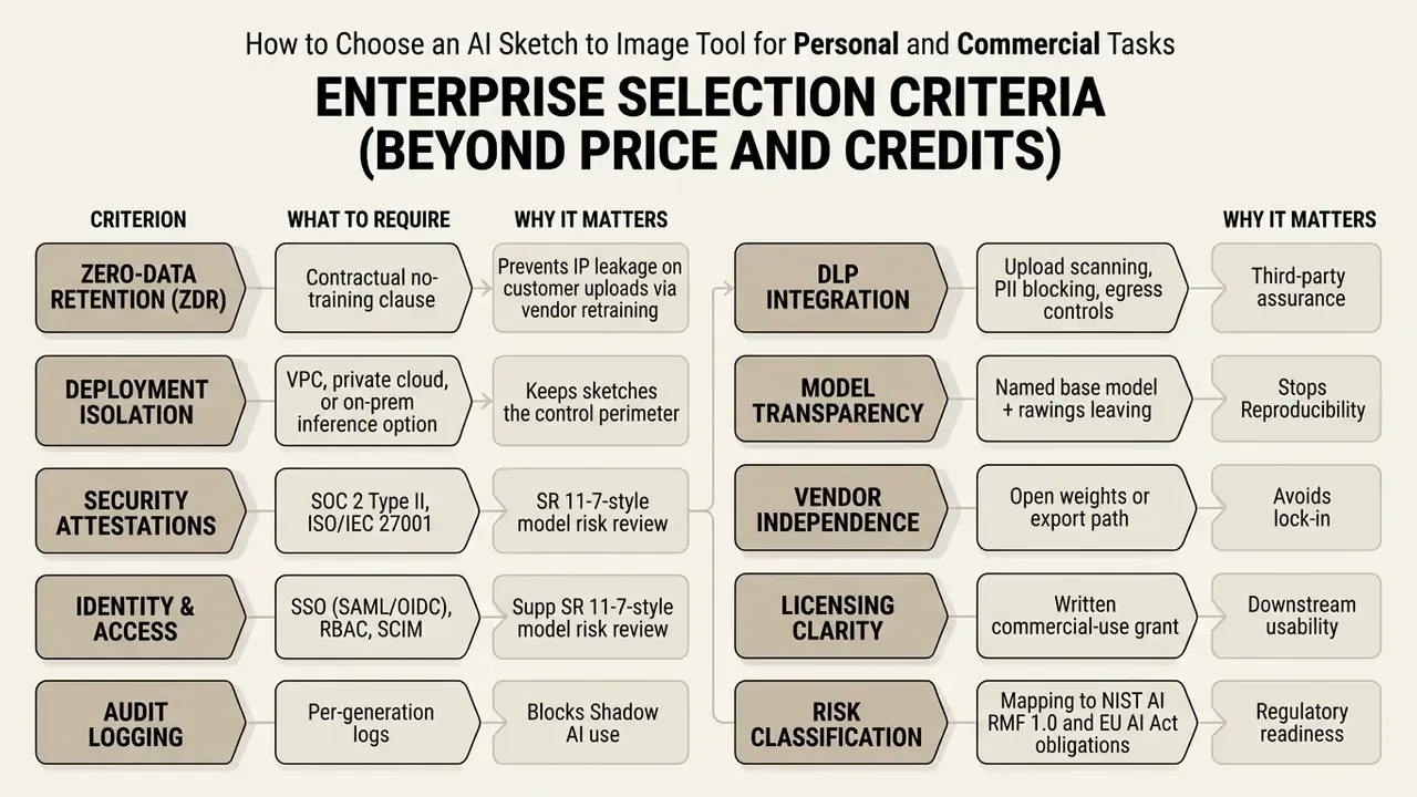 Table listing ten enterprise selection criteria for evaluating generative design software vendors