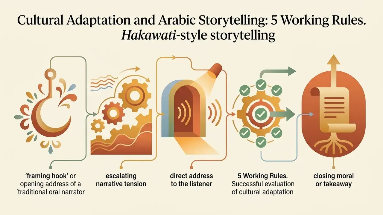 Five-step process flow illustrating the stages of traditional Hakawati-style storytelling