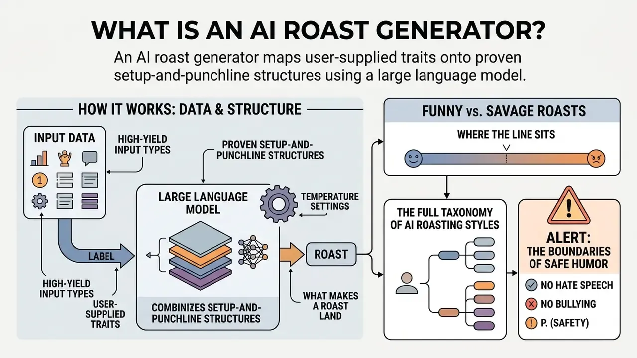 Infographic showing how an AI roast generator maps user traits to structures using a large language model
