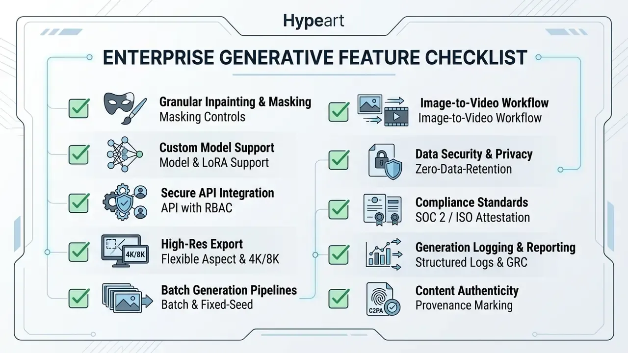 Checklist of essential enterprise features for a realistic AI image generator with icons and green marks
