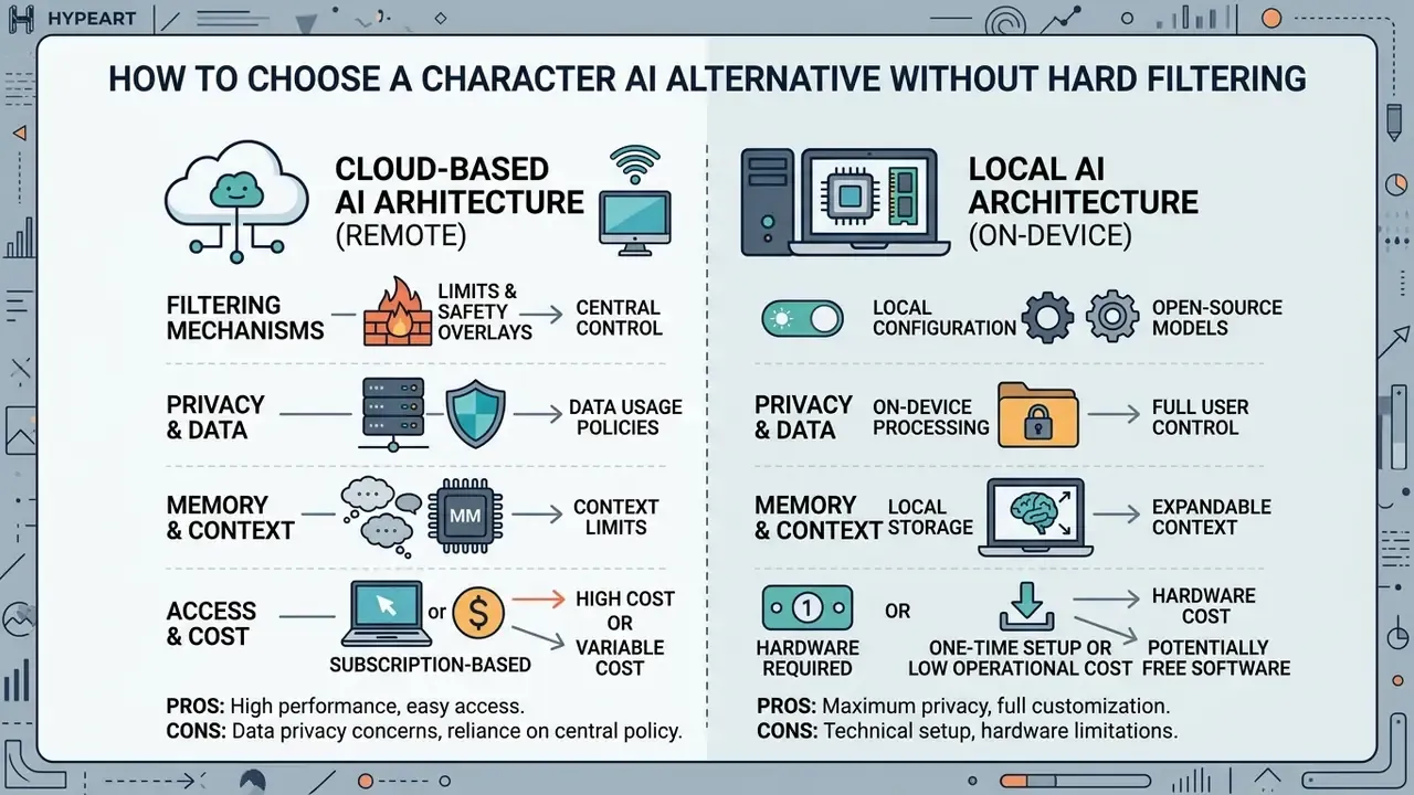 Side-by-side comparison of cloud-based and local AI architectures for choosing a platform