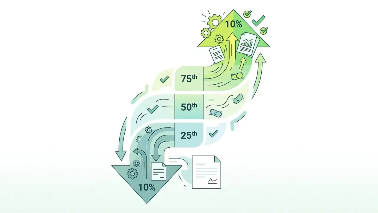 Upward and downward arrows showing salary percentile ranges with icons for documents, gears, and money