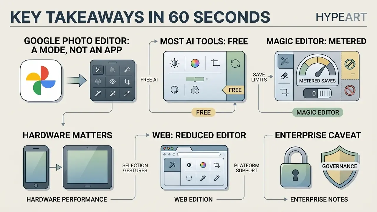 Infographic summarizing Google Photo Editor features including free AI tools, metered saves, and web limits